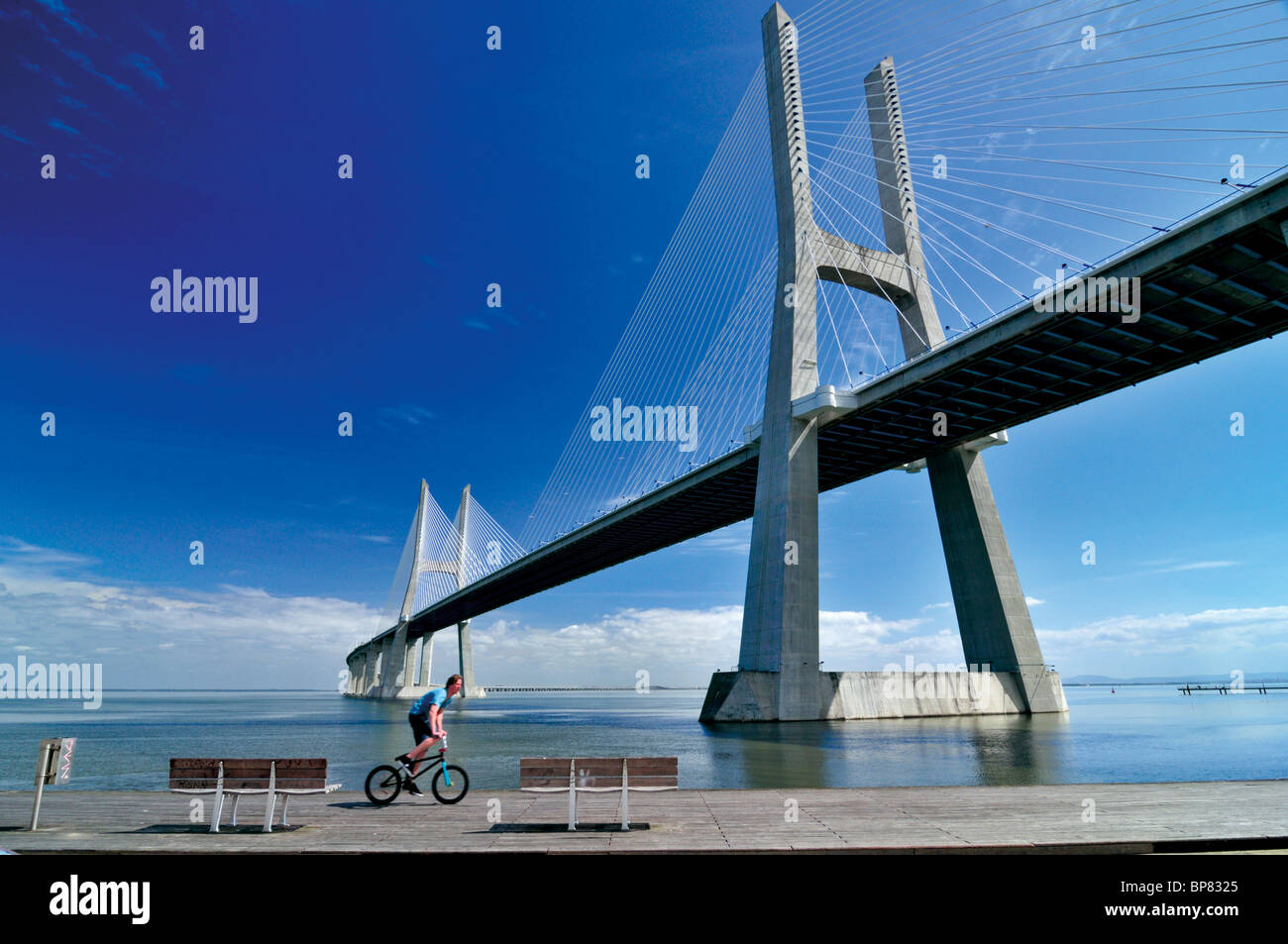 Portugal, Lisbon: Teenager biking under the bridge Ponte Vasco da Gama Stock Photo