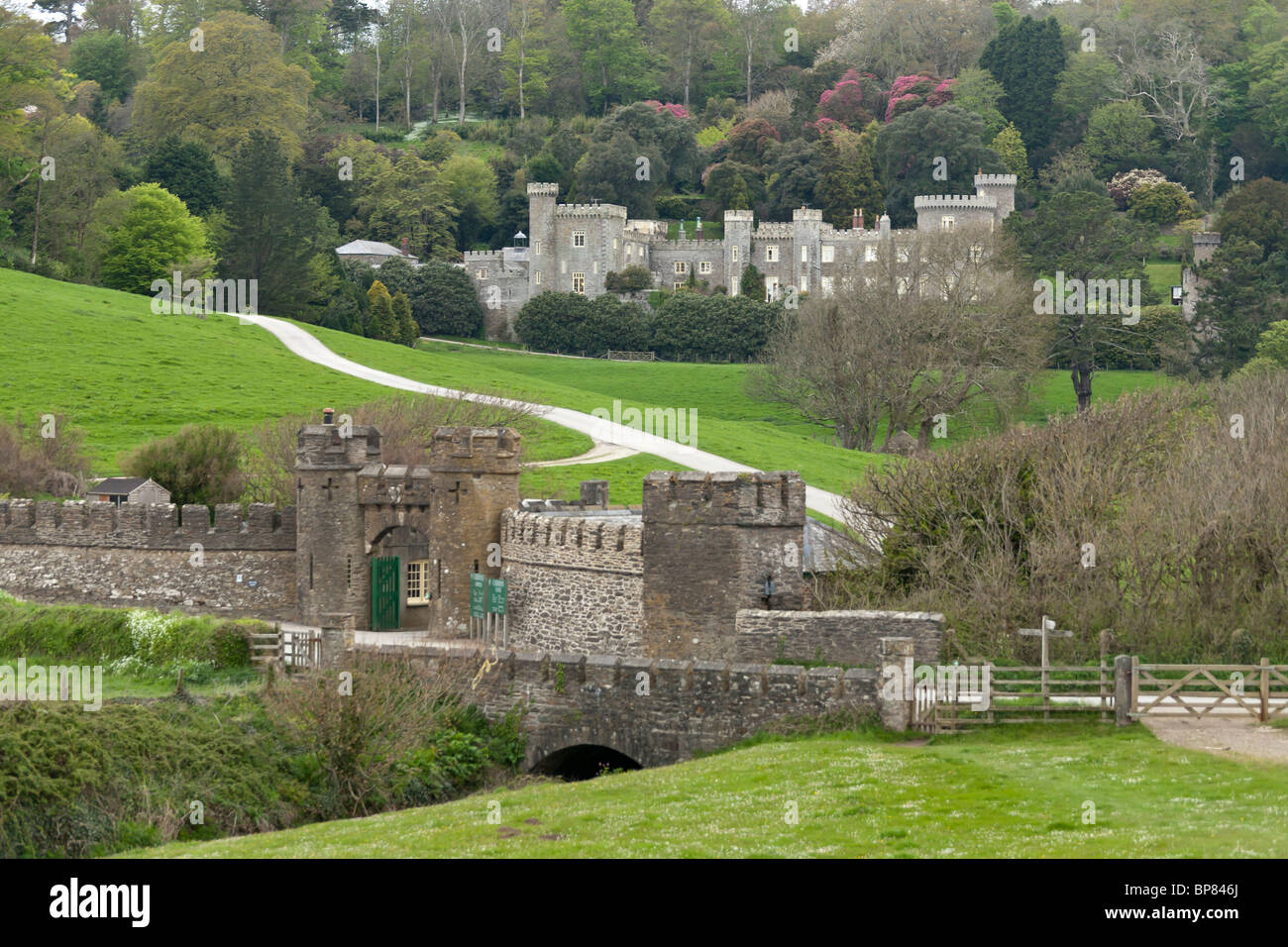 Caerhays Castle designed by John Nash in 1807 and entrance gate Stock Photo