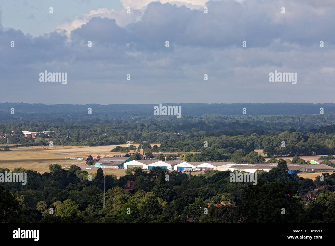 Redhill Aerodrome (IATA: KRH – ICAO: EGKR) seen from Nutfield, on an early morning in the dry summer of 2010. Stock Photo