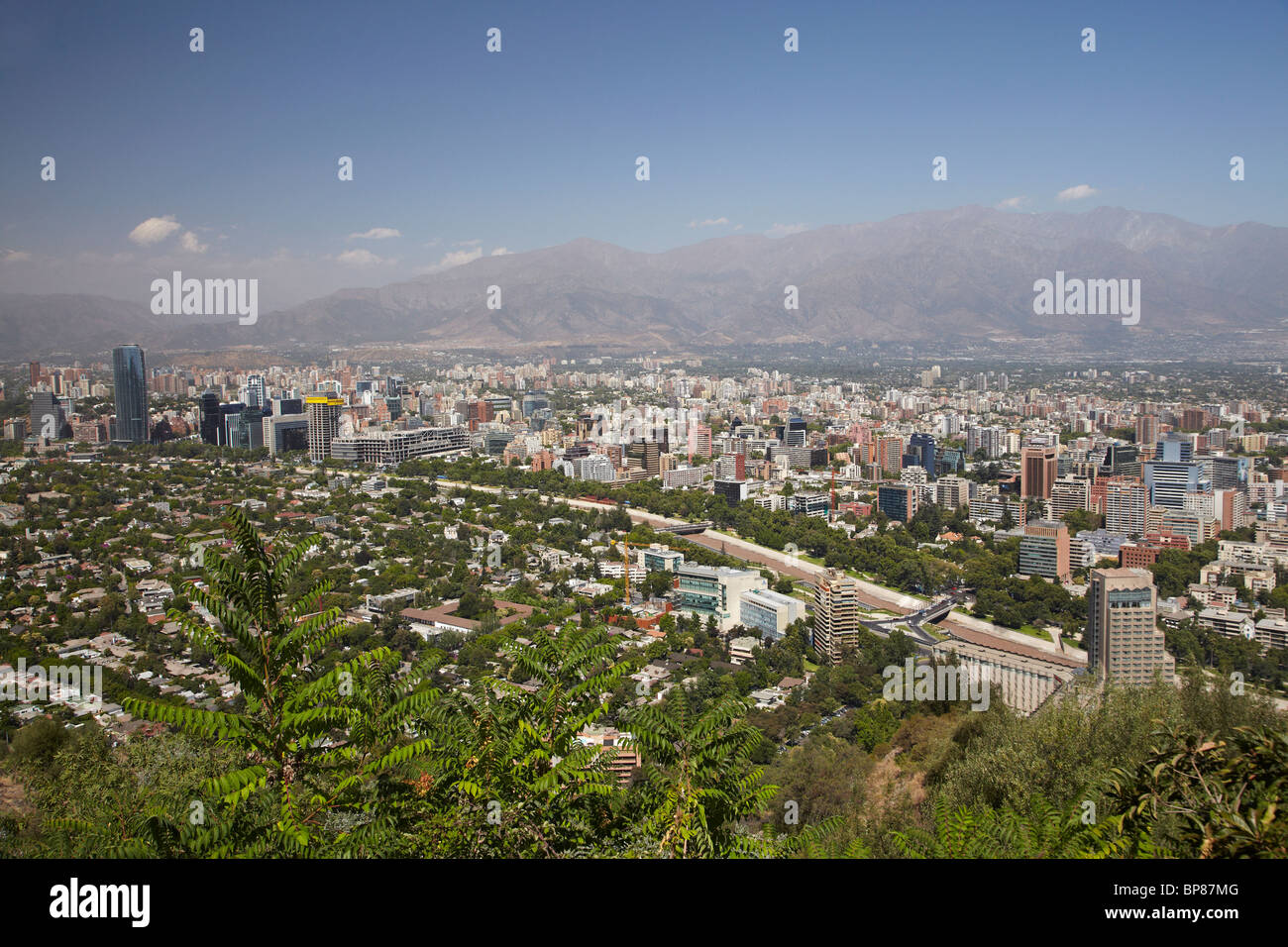 View of Santiago and Mapocho River, from Cerro San Cristobal, Bellavista, Santiago, Chile, South America Stock Photo