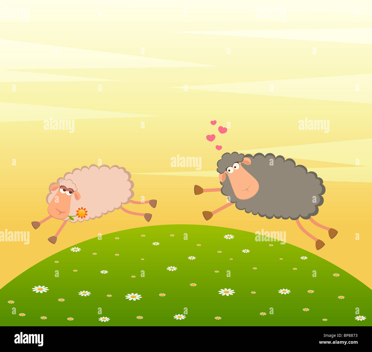 Landscape background with cartoon in love sheep pursues after other Stock Photo