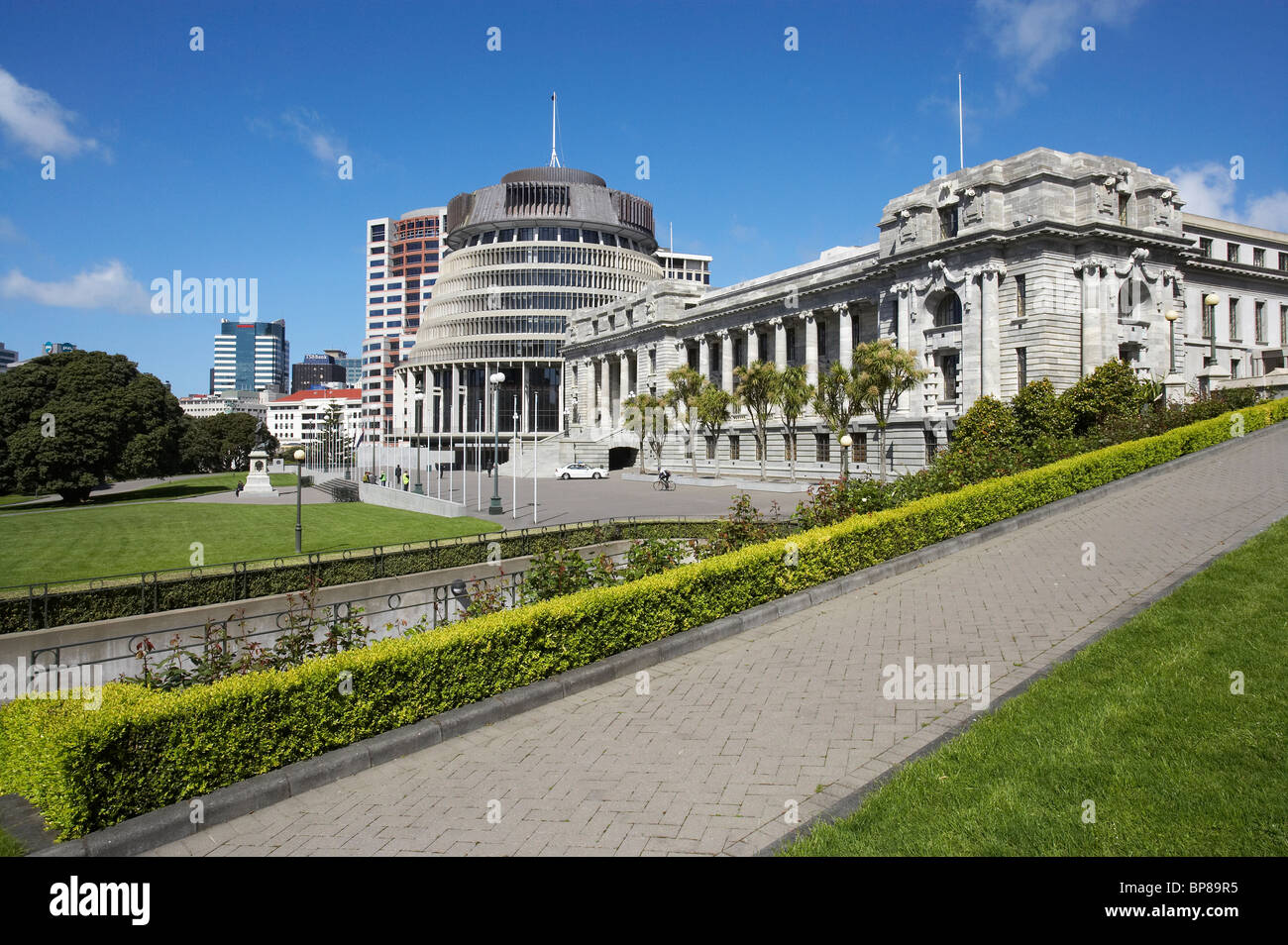 The Beehive and Parliament House, Wellington, North Island, New Zealand Stock Photo