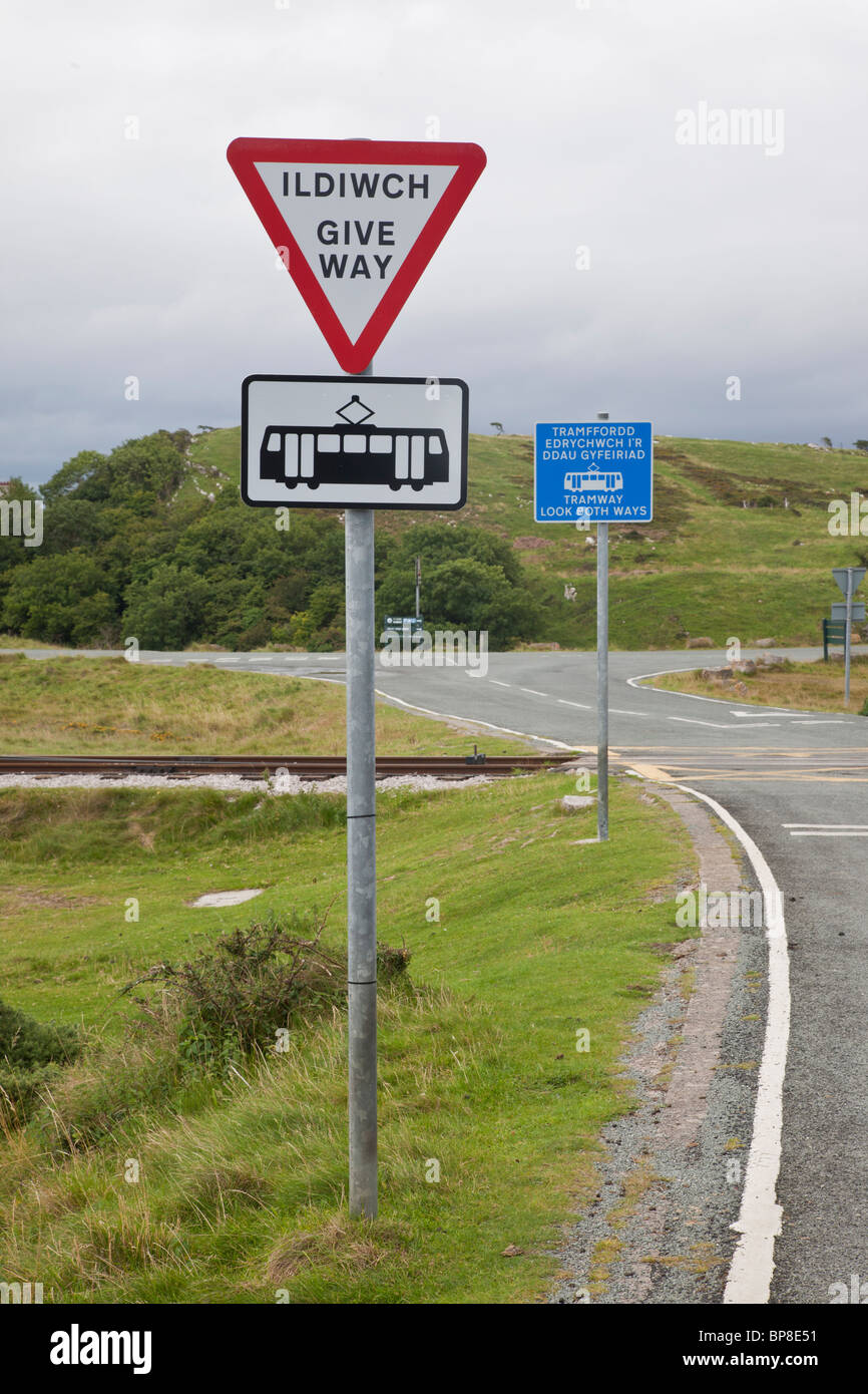 Warnng signs for tramway, Great Orme, Llandudno, North Wales Stock Photo