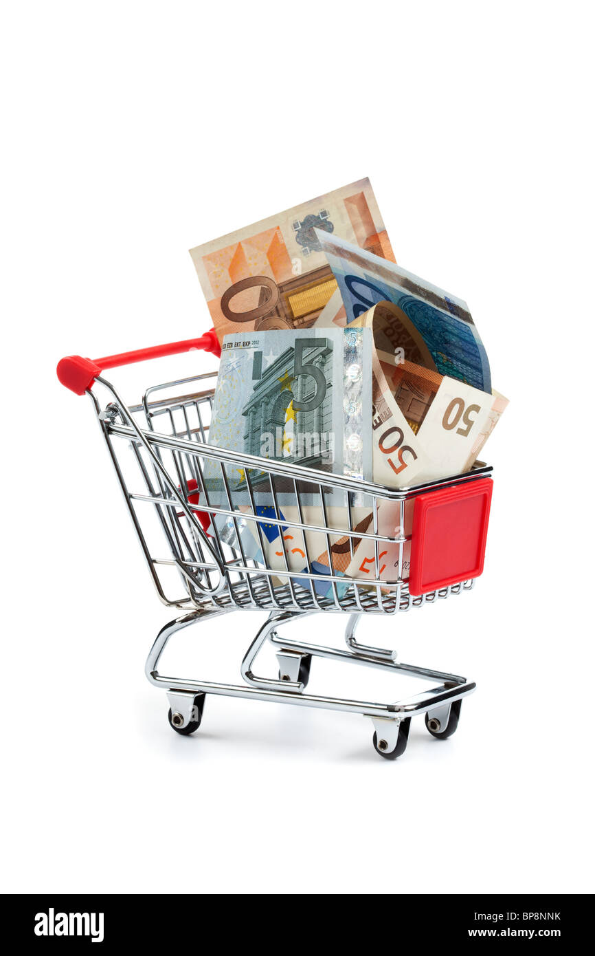 european union money bills in shopping cart on white background Stock