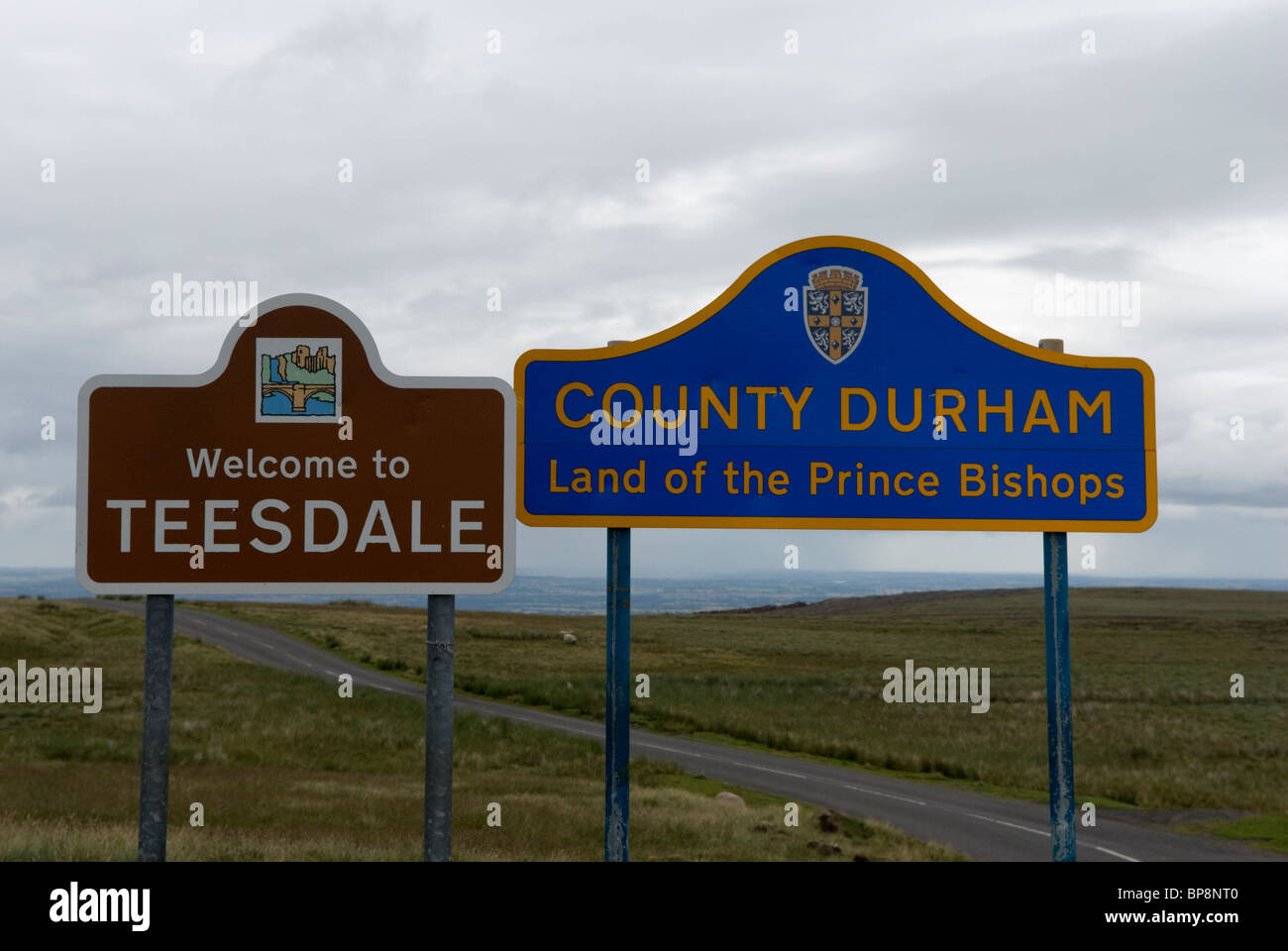 Teesdale and County Durham road signs, just outside the Yorkshire Dales National Park, England. Stock Photo