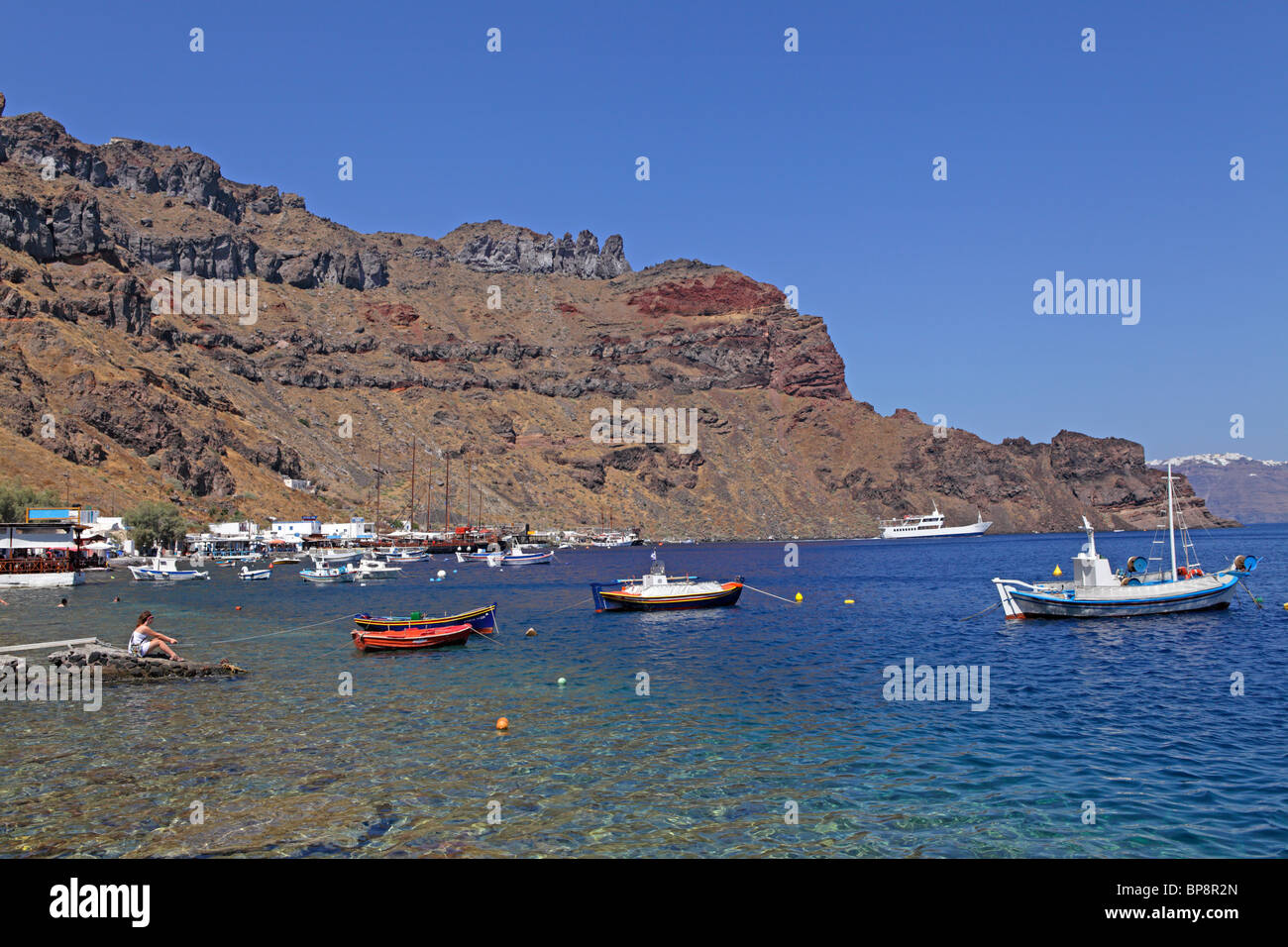 harbour of Thirassia Island, Santorini, Cyclades, Aegean Islands, Greece Stock Photo