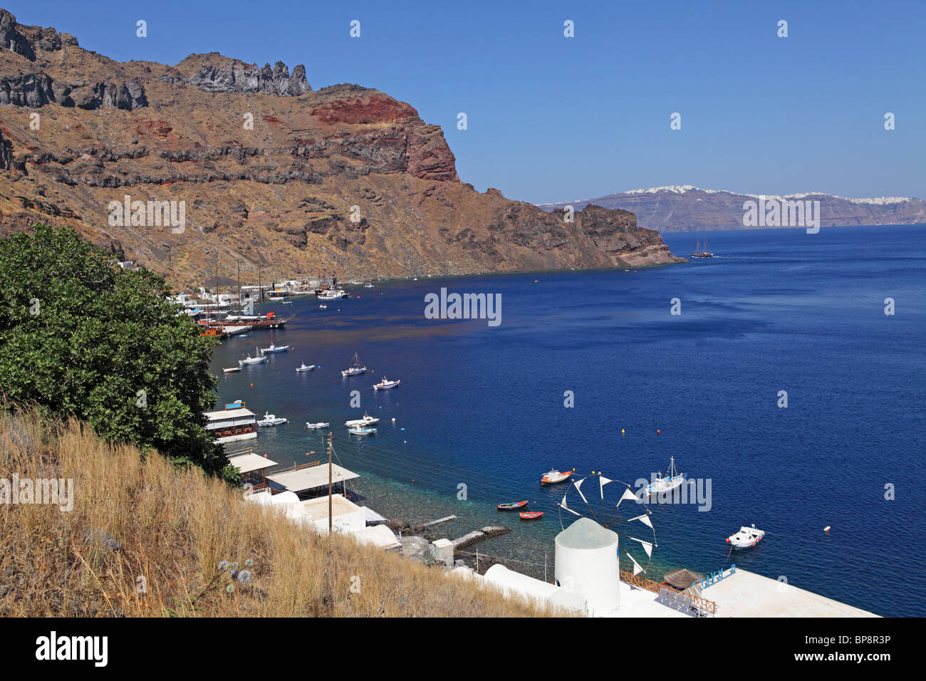 harbour of Thirassia Island, Santorini, Cyclades, Aegean Islands, Greece Stock Photo