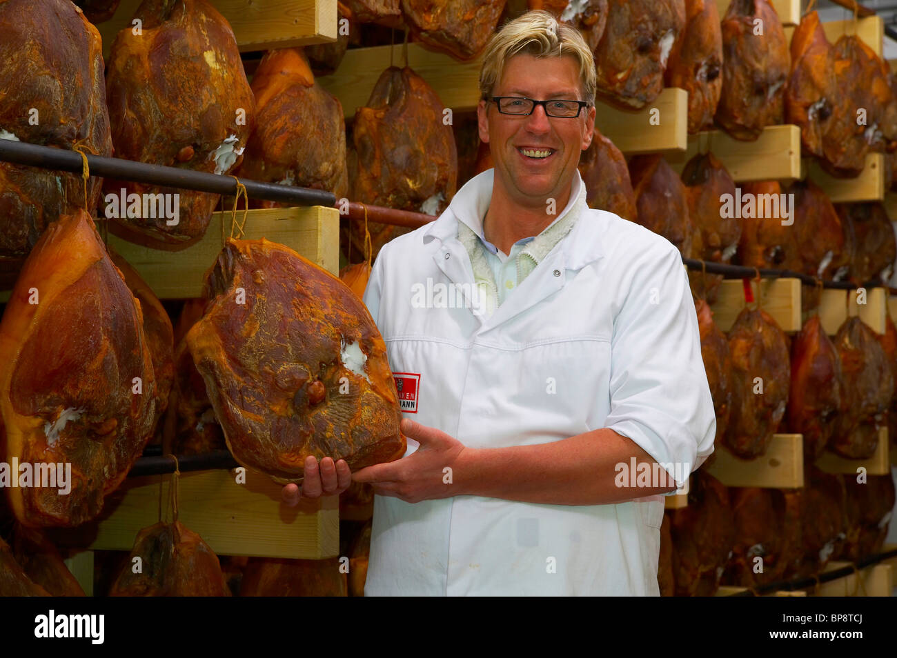 indoor photo, production of westfalian ham, Schinken Hartmann, Beelen, Muensterland, North Rhine-Westphalia, Germany, Europe Stock Photo