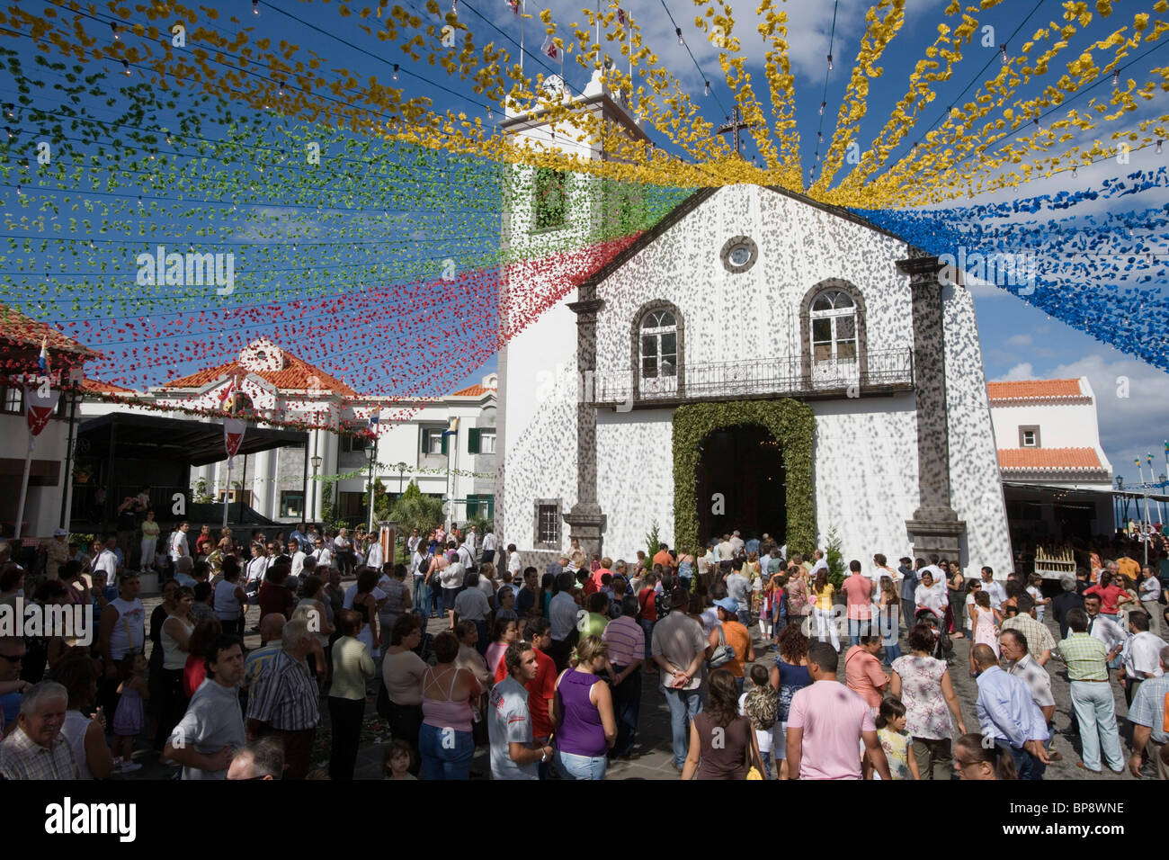Crowds outside Ponta Delgada Church at a religious festival, Ponta Delgada, Madeira, Portugal Stock Photo