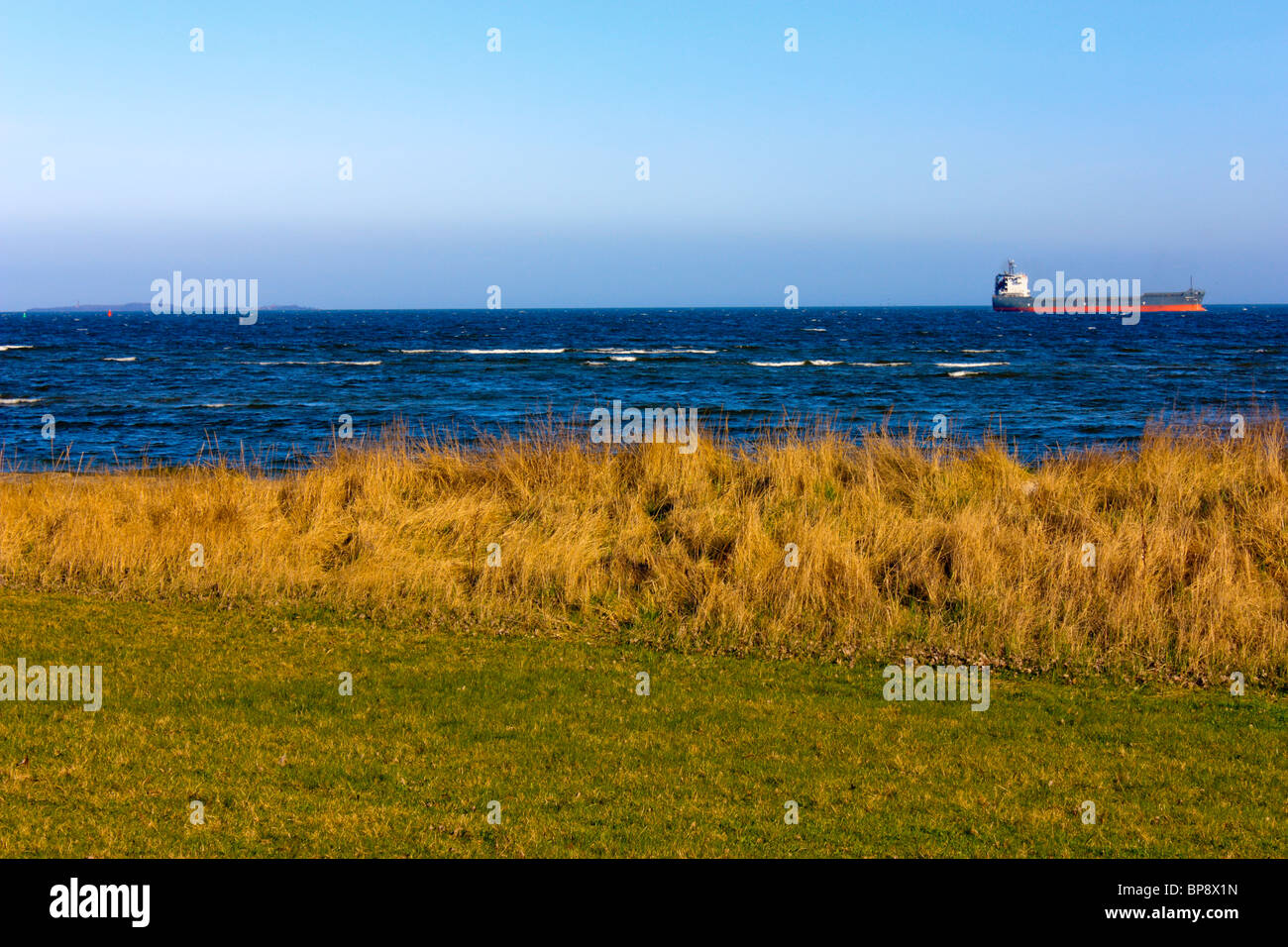 Caostall Seaweed and Ship at Anchor, Ruegen, Baltic, Germany Stock Photo