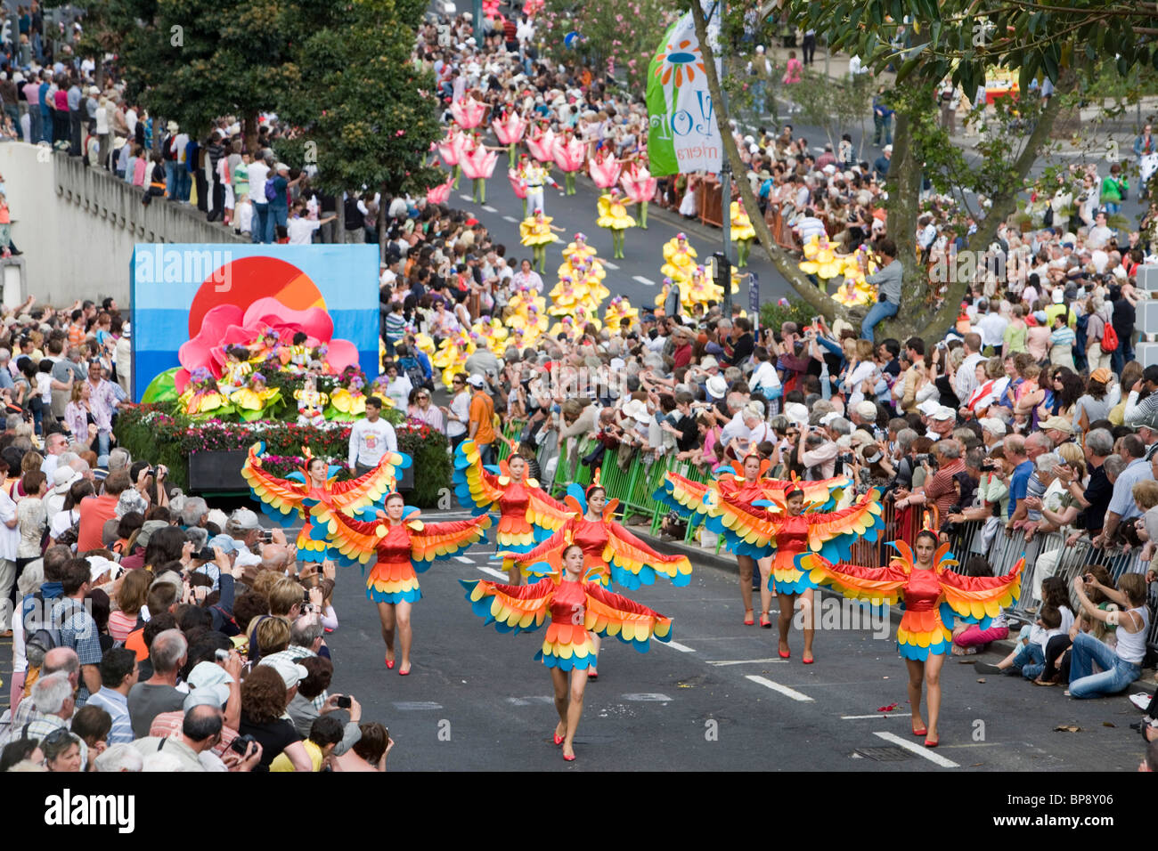 Dancers and Floral Float at Madeira Flower Festival Parade, Funchal