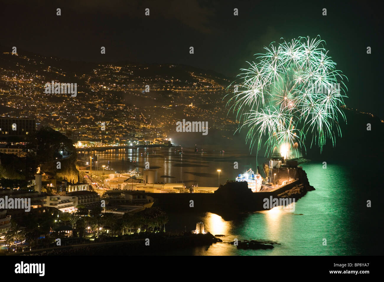 Fireworks seen from Reid's Palace Hotel, Funchal, Madeira, Portugal Stock Photo