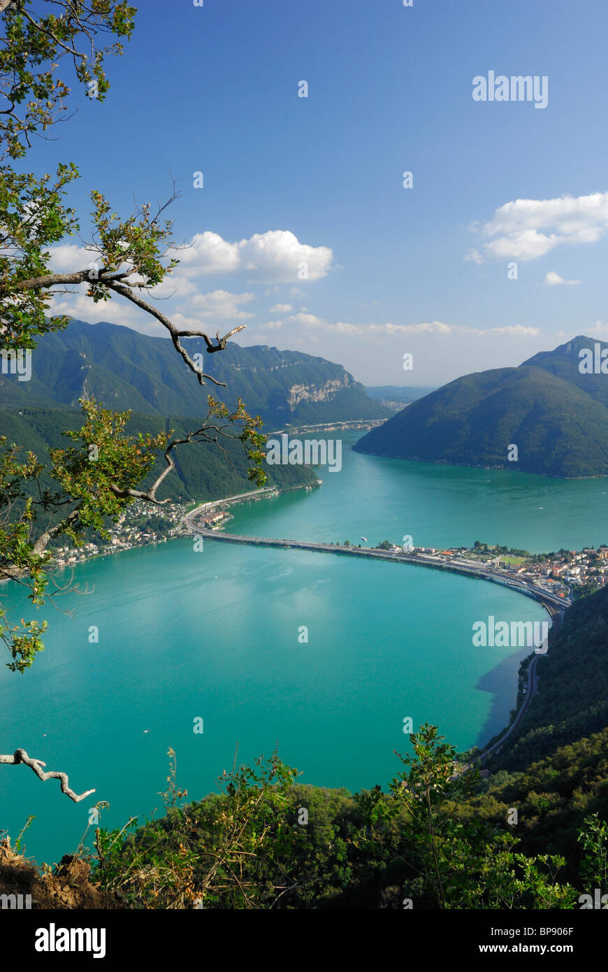 Lake Lugano with dam of Melide, Ticino, Switzerland Stock Photo