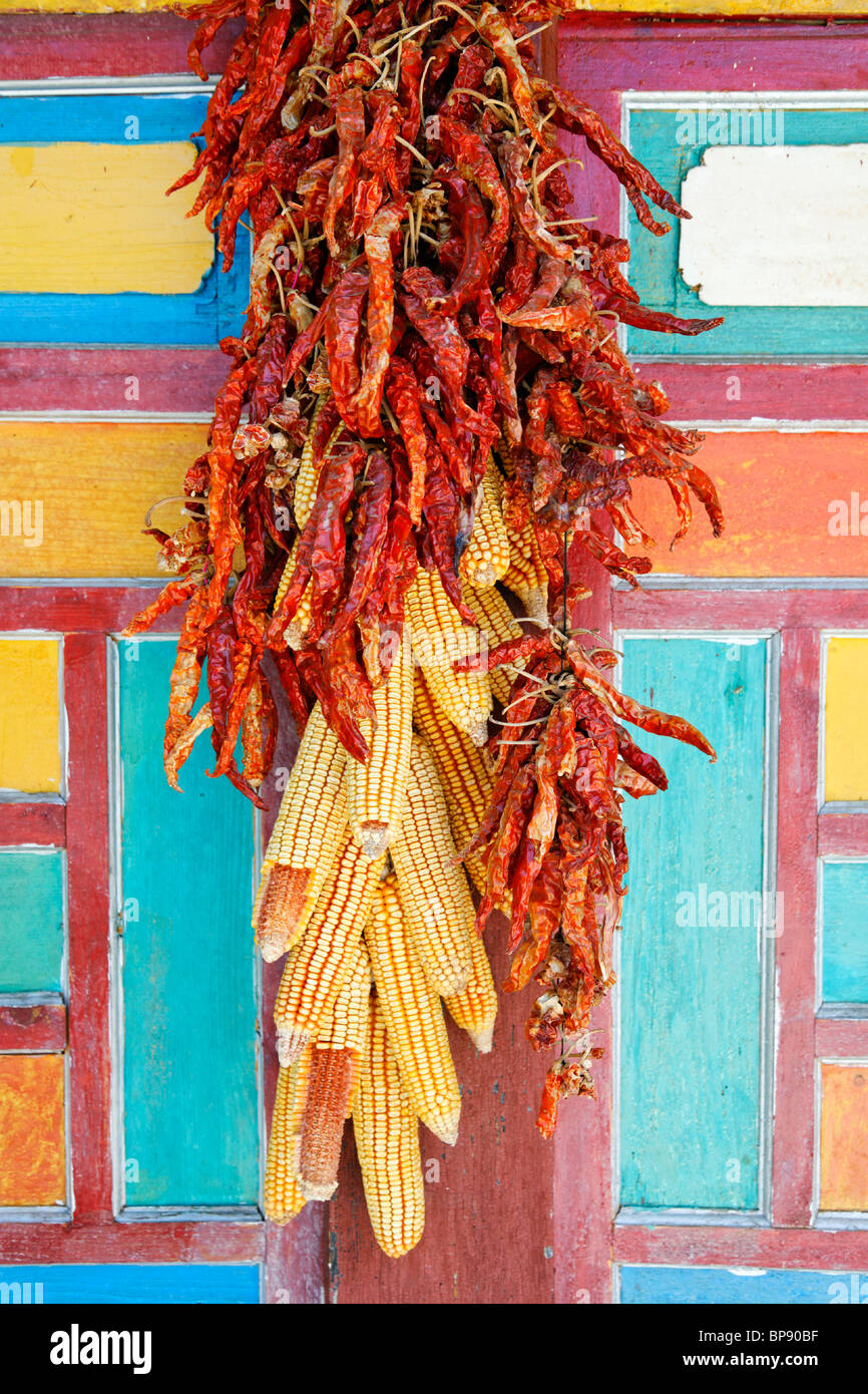 A Bunch of Red Chili Peppers and Corn Hanging on a Wall. Sichuan ...
