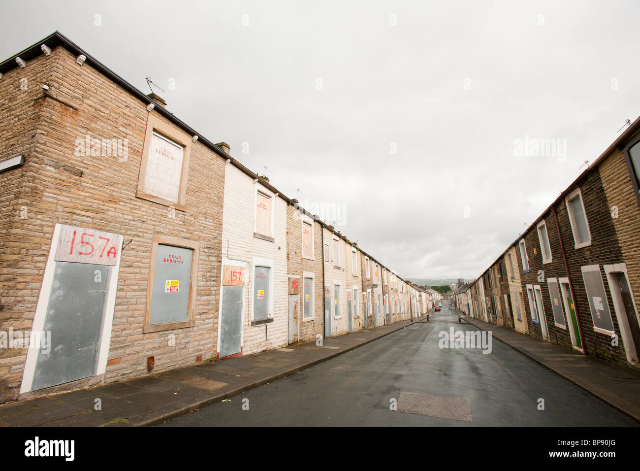 Boarded up terraced houses in the Burnley Wood area of Burnley, Lancashire UK, that have been