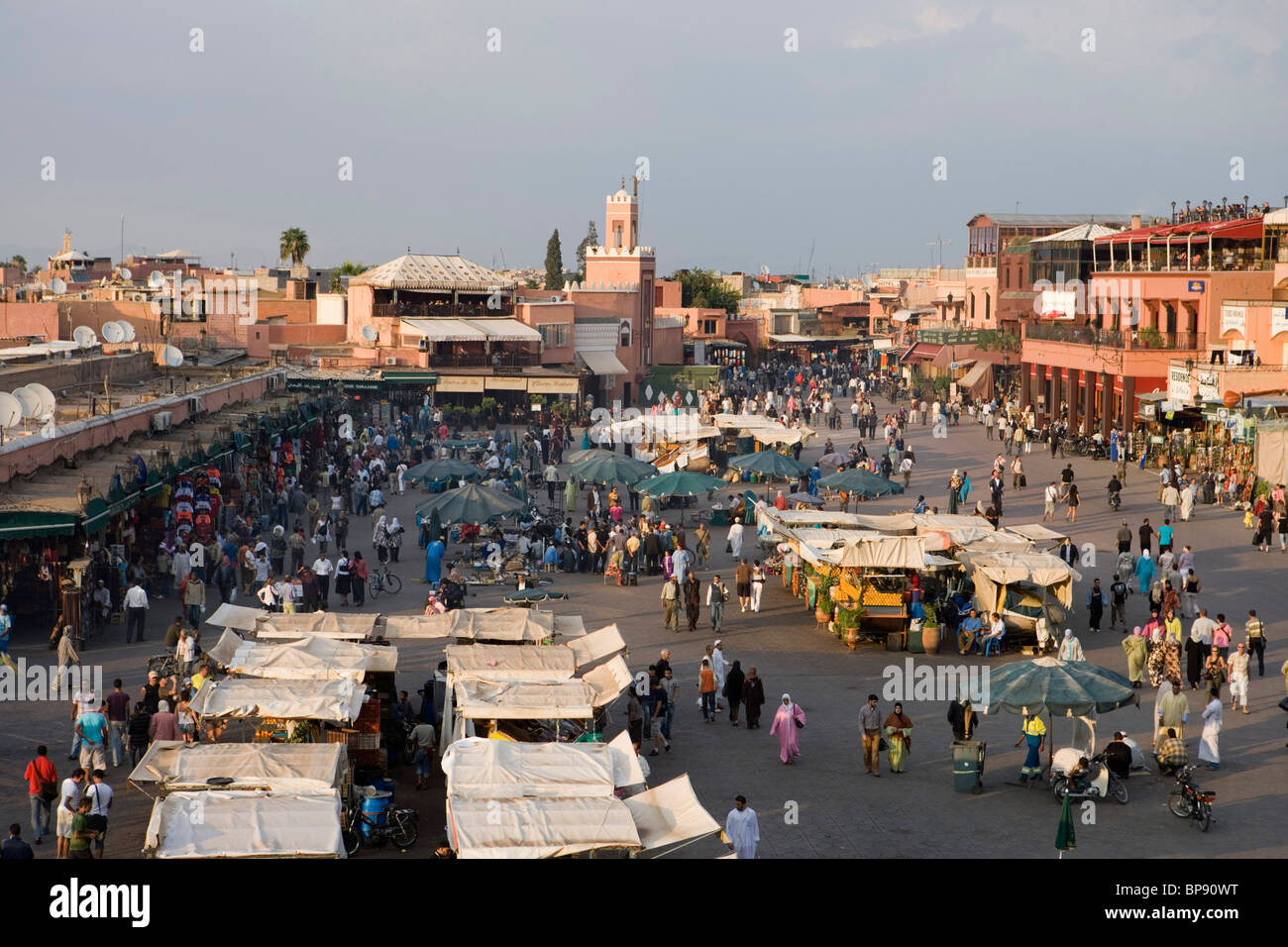 Djemaa el Fna Square and Souq Entrance, View from Terrace of Cafe Glacier, Marrakesh, Morocco, Africa Stock Photo