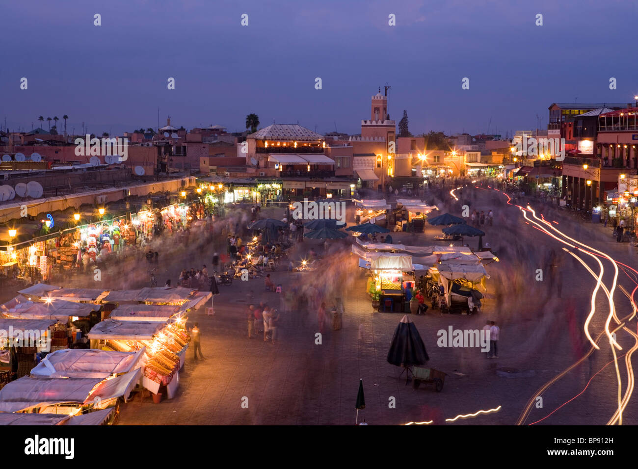 Djemaa el Fna Square at dusk, view from the terrace of Cafe Glacier, Marrakesh, Morocco, Africa Stock Photo