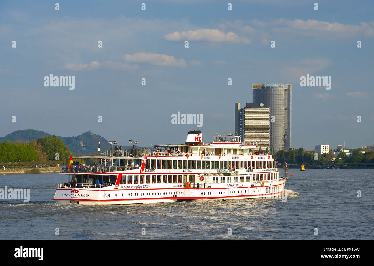 outdoor photo, spring, evening, Rhine at Bonn with the Post Tower, Langer Eugen and Drachenfels, Rhineland, North Rhine-Westphal Stock Photo