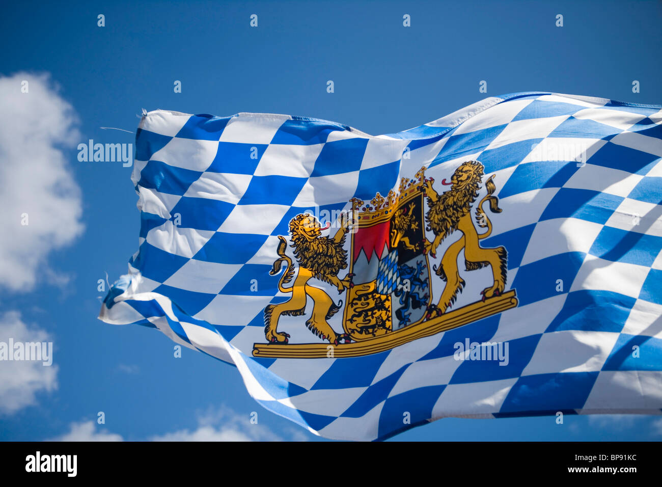 Bavarian Flag blowing in the wind during a Bavarian Theme Party on board Cruiseship MS Delphin Voyager, Bayrischer Fruehschoppen Stock Photo
