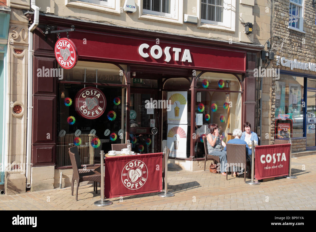 The shop front to a Costa Coffee restaurant/cafe in the High Street, Stamford, Lincolnshire, UK Stock Photo