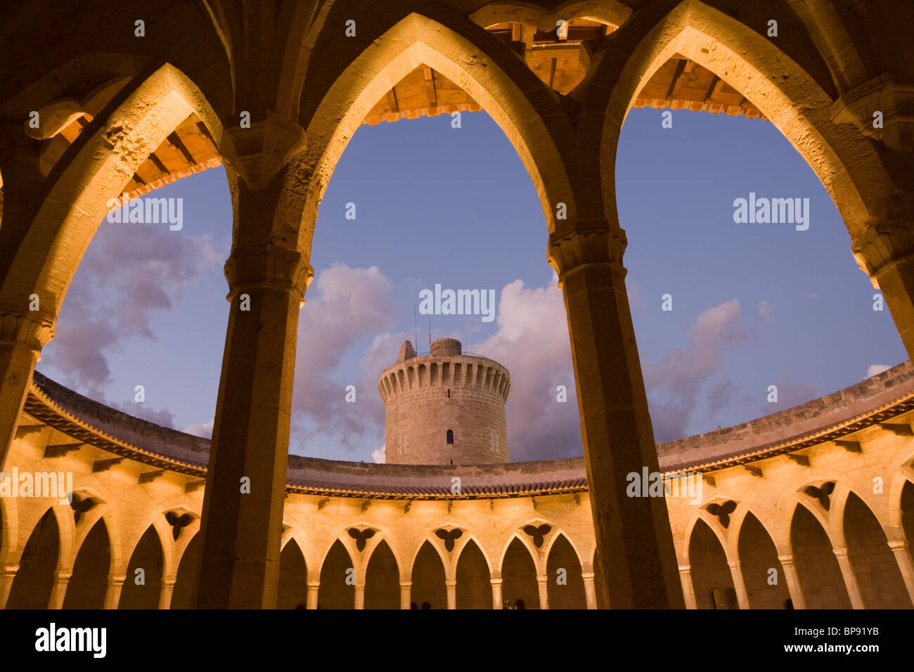 Castell de Bellver with keep tower at dusk, Palma, Mallorca, Balearic Islands, Spain, Europe Stock Photo