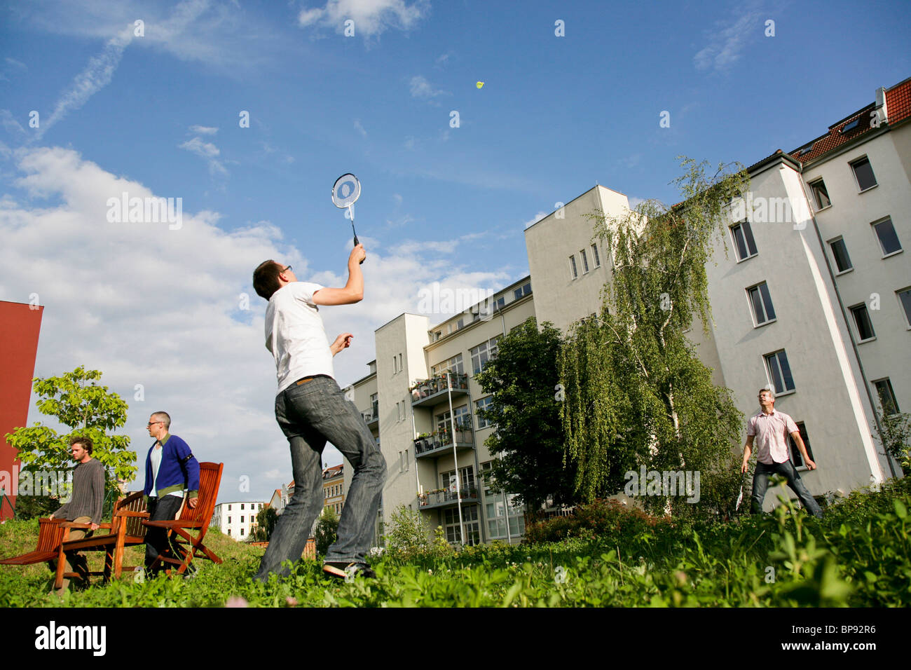 Two men playing badminton, Leipzig, Saxony, Germany Stock Photo