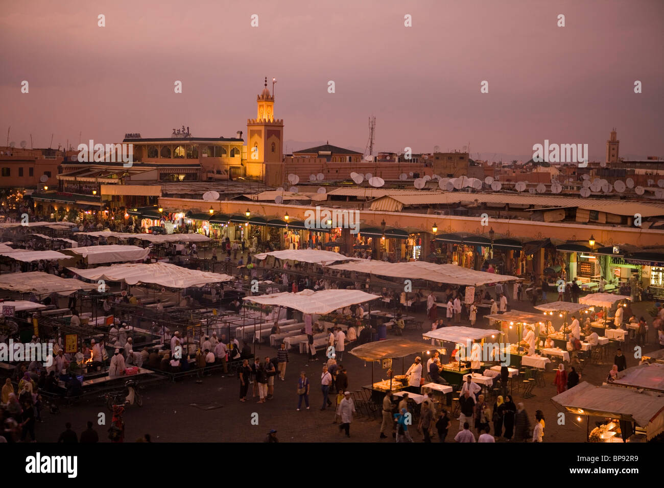 Djemaa el Fna square at sunset, View from Terrace of Cafe Glacier, Marrakesh, Morocco, Africa Stock Photo