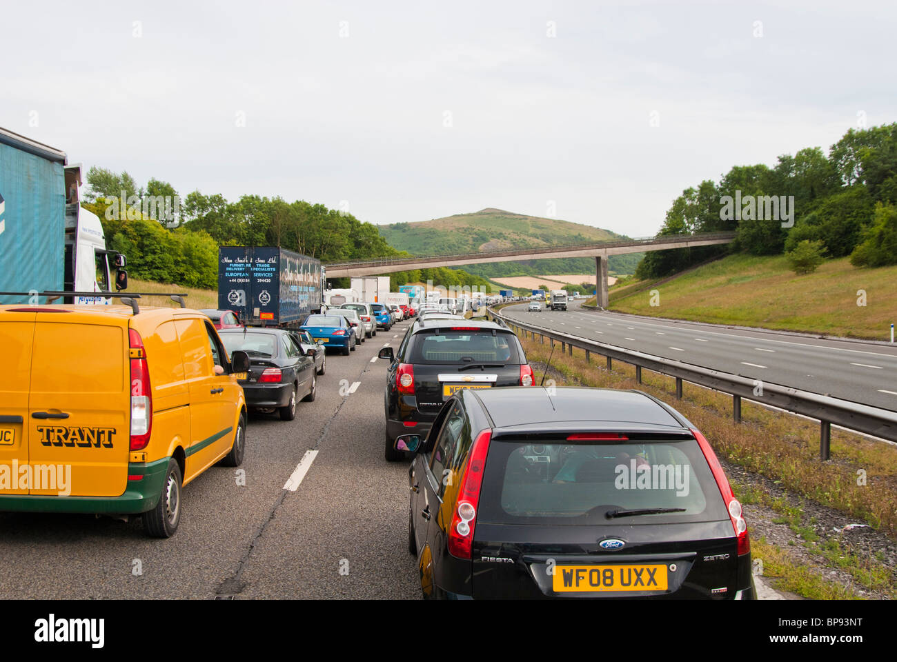 Queuing traffic on Motorway M5 Southbound Stock Photo