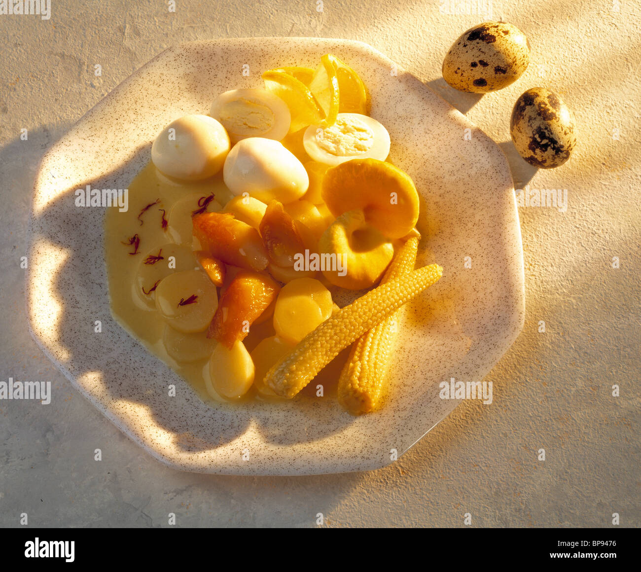 Golden Egg Salad Quails eggs, smoked haddock & saffron hollandaise Stock Photo Alamy
