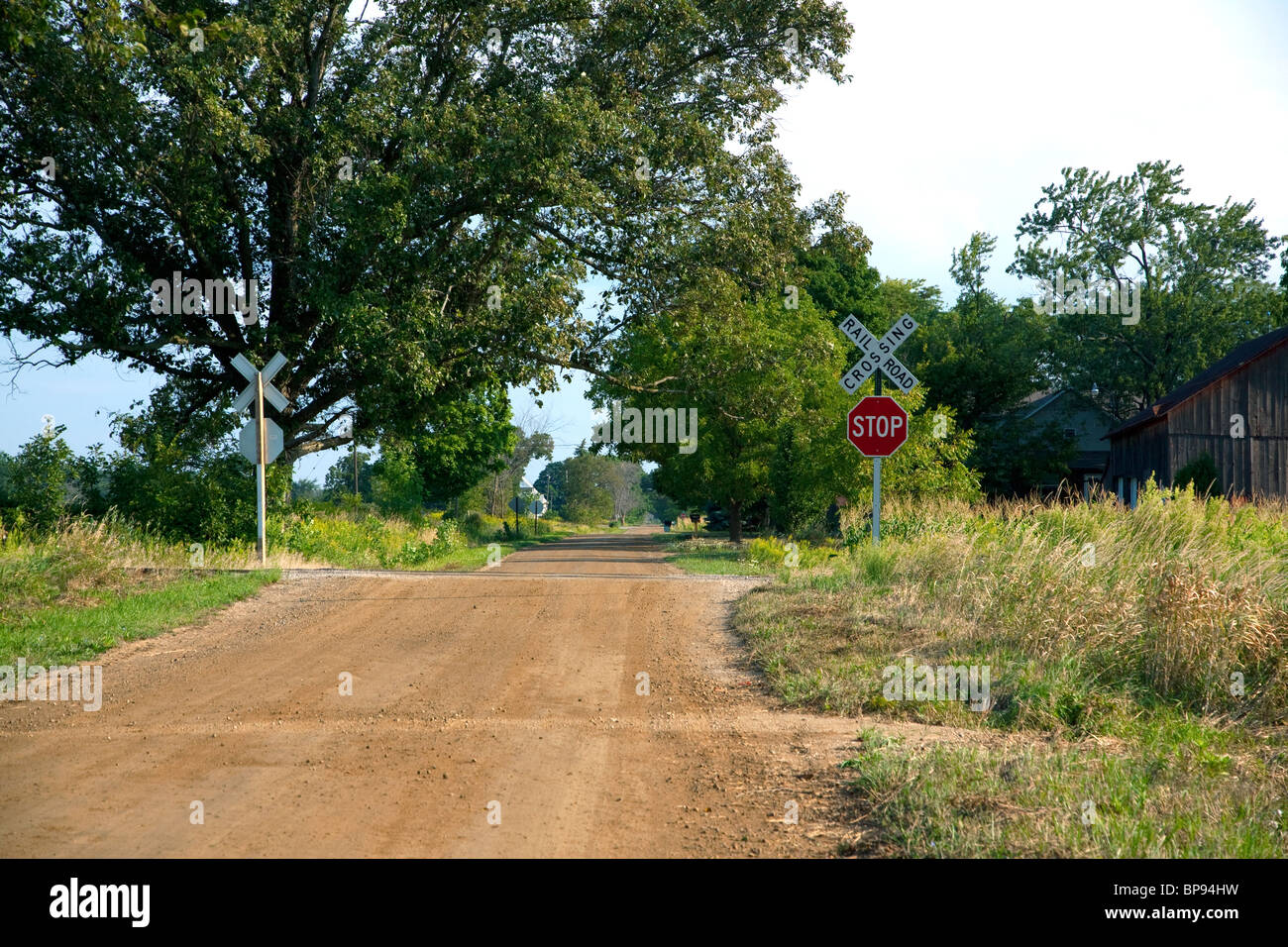 Railroad crossing rural area of Michigan USA Stock Photo