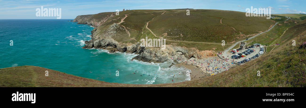 Panoramic view of Chapel Porth and Wheal Coates tin mine in the distance, Cornwall UK. Stock Photo