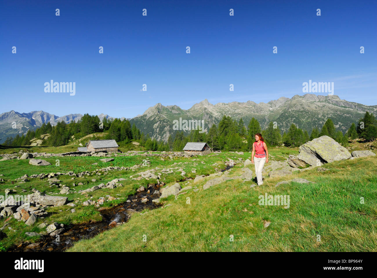 Woman hiking over alpine meadow, Alpe Mognola, Ticino range, Ticino, Switzerland Stock Photo