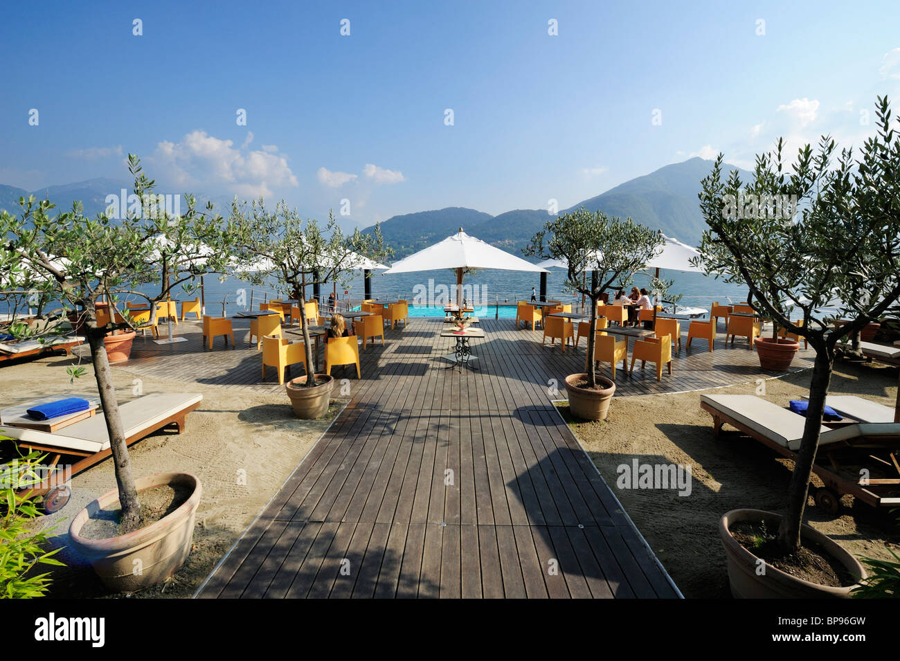 Beach cafe at Lake Como, Tremezzo, Lombardy, Italy Stock Photo