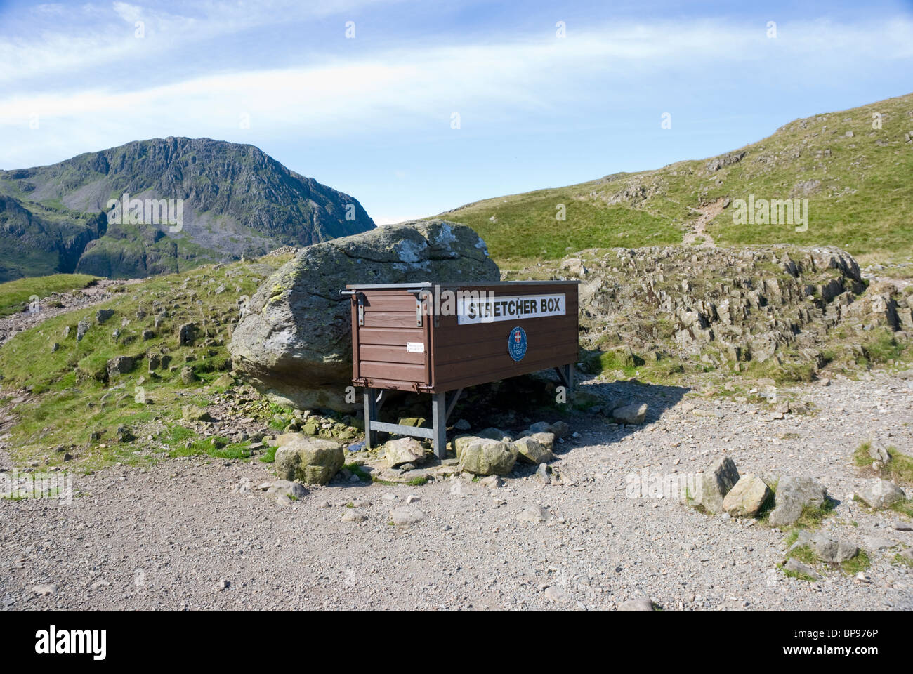 Mountain Rescue Stretcher Box at Sty Head, near Great Gable and the Scafell range Stock Photo