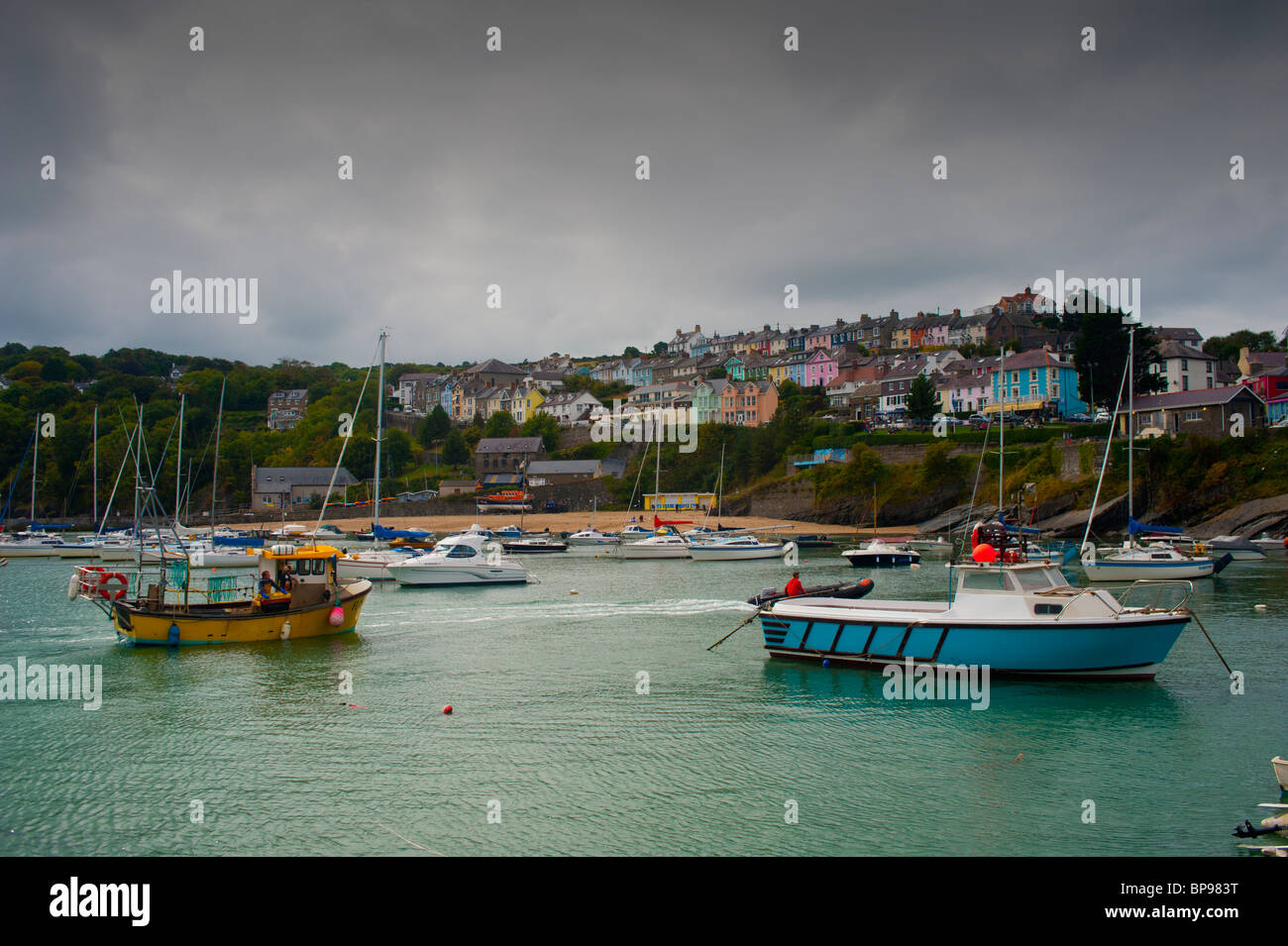 natural harbor in New Quay west wales sea boats Stock Photo