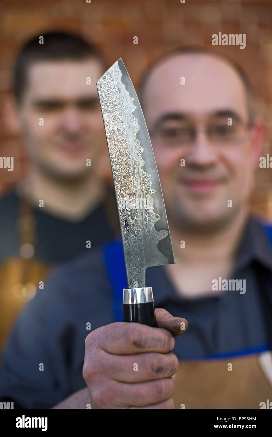 Lars Scheidler, bladesmith, with a Nesmuk knife, handcrafted most expensive knives, Wunstorf, region Hanover, Lower Saxony, nort Stock Photo