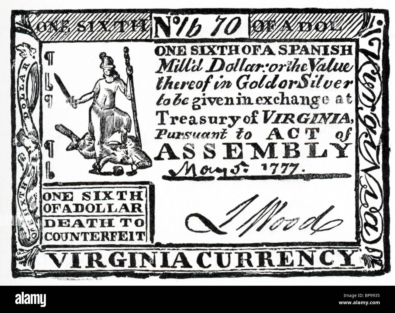 This one sixth of dollar (one-sixth of a Spanish milled dollar) was issued  May 5, 1777, during the American Revolution Stock Photo