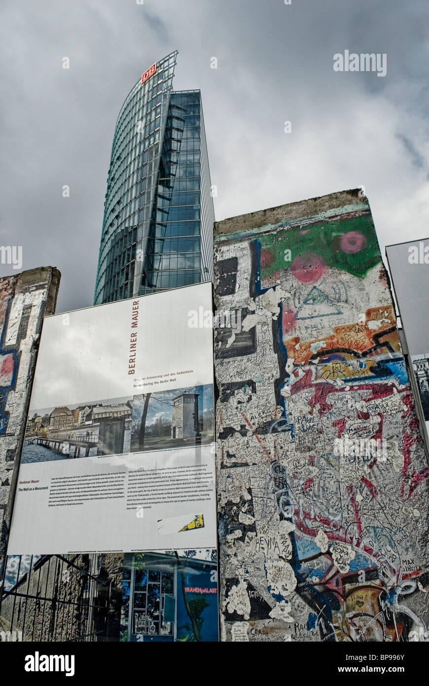 Pice of Berlin wall in front of The Postdamer platz station Berlin city Germany Europe Stock Photo