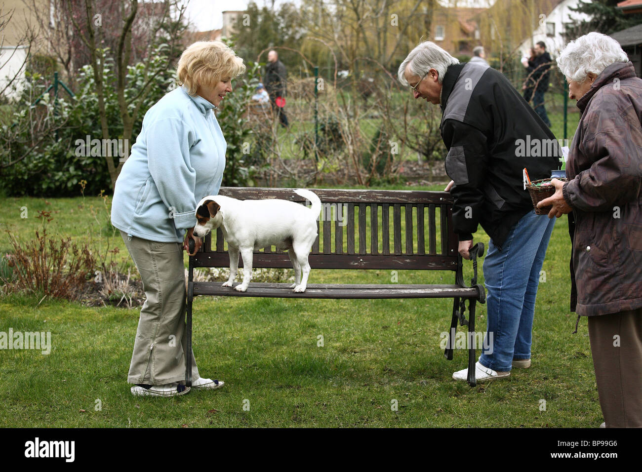 A woman and a man carrying a garden bench with a dog on it, Cottbus, Germany Stock Photo