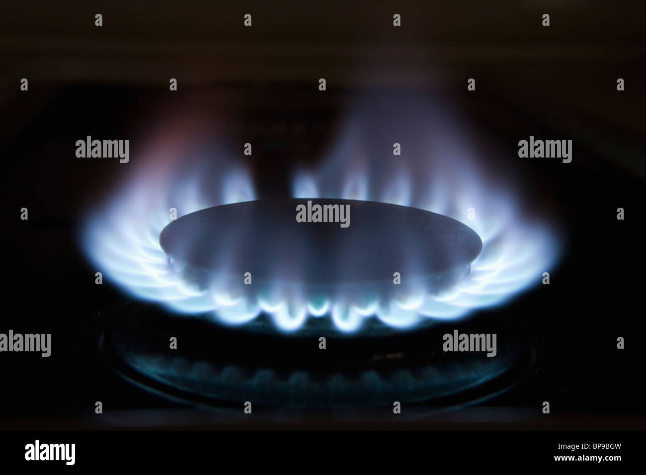 A Gas Burner With Blue Flames Stock Photo Alamy