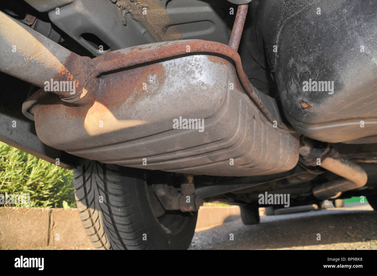 View of a the rear section of a car exhaust. Stock Photo