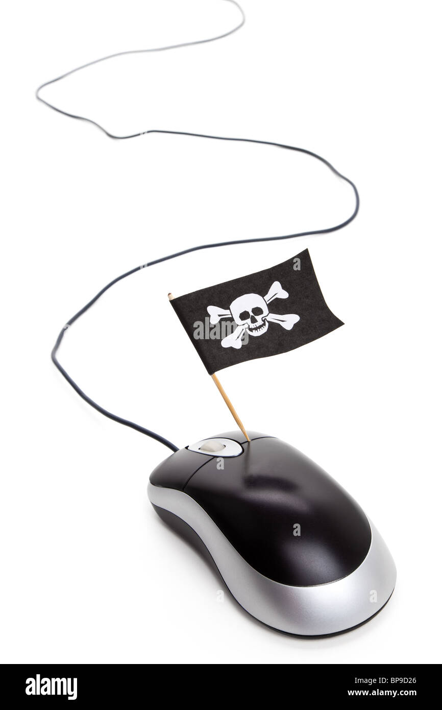Pirate Flag and Computer Mouse, concept of Computer Hacker Stock Photo