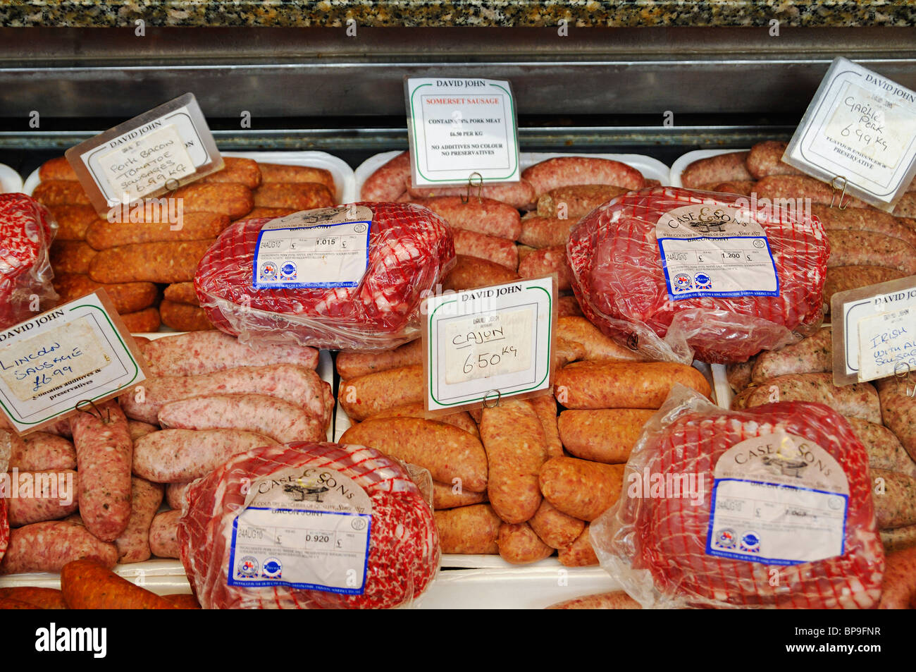 Sausages on Display in a Butchers Shop, Oxford, United Kingdom. Stock Photo