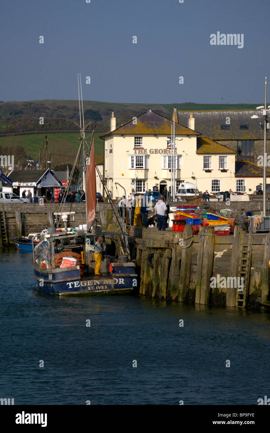 West Bay Dorset UK Harbor Harbour Quay Fishing Boats The George Public ...