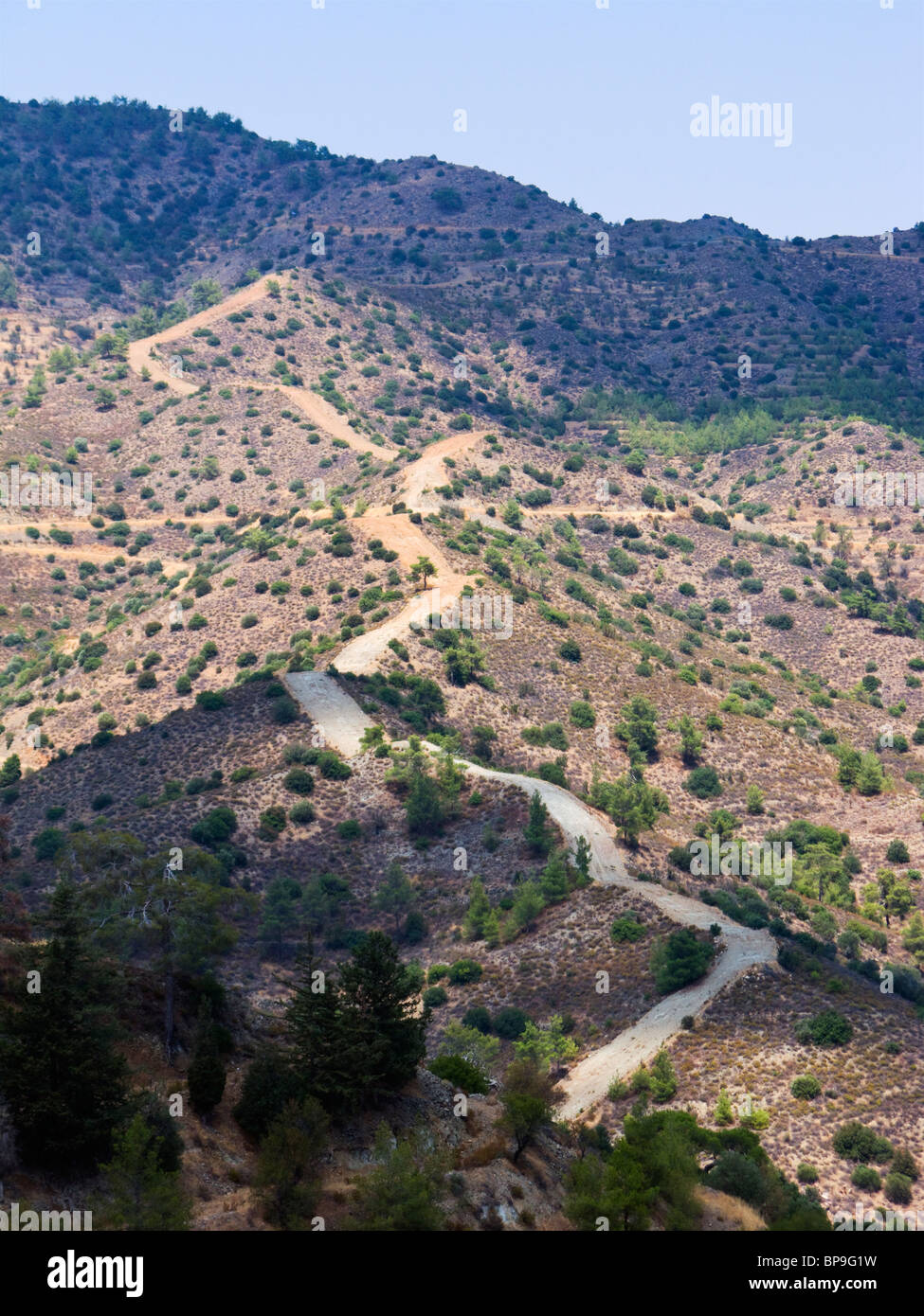 In the Troodos mountains, trees are removed on the top of the ridges to make firebreaks. Forest fires are common in the summer. Stock Photo