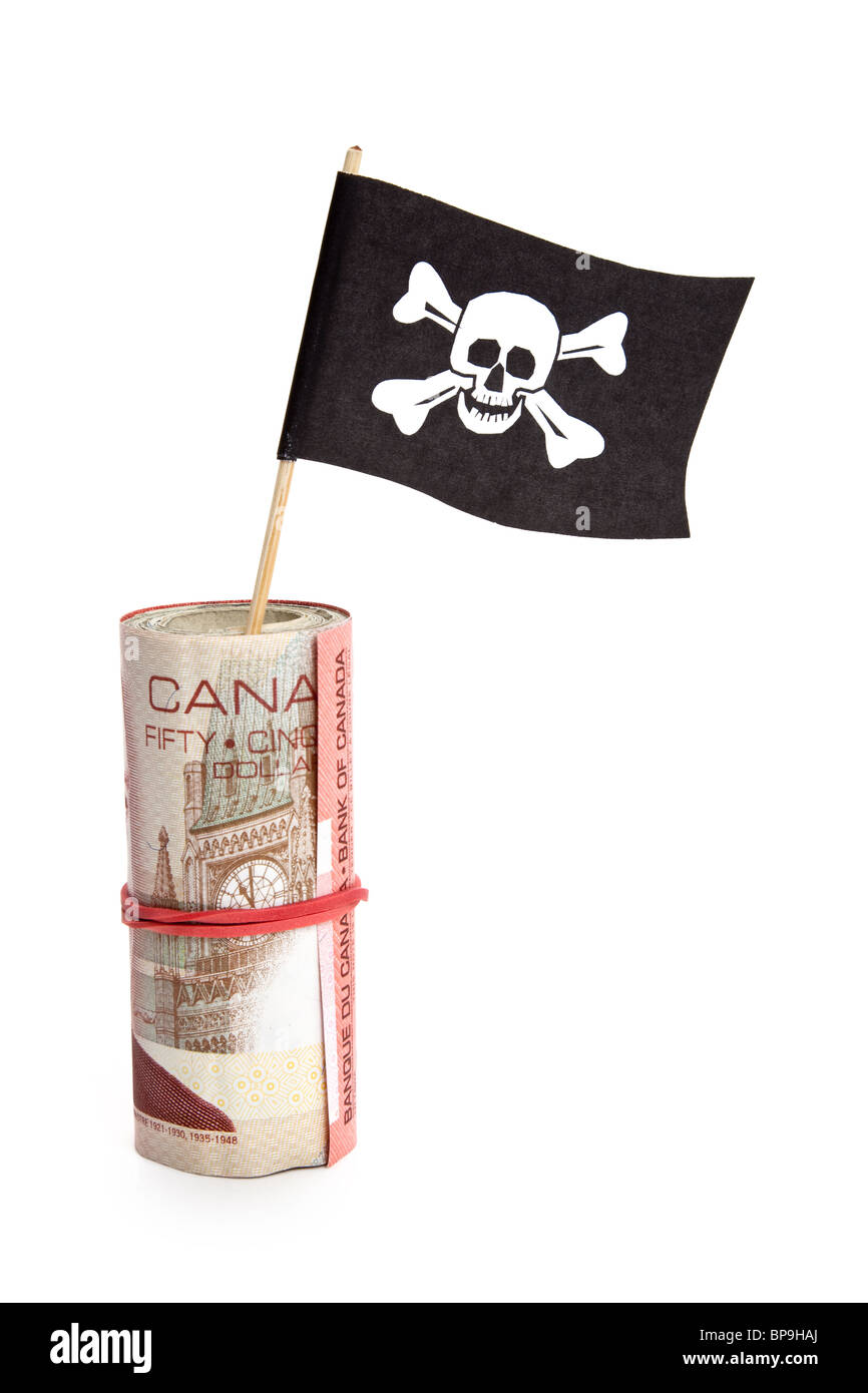 Pirate Flag and Canadian Dollar, concept of business crime Stock Photo