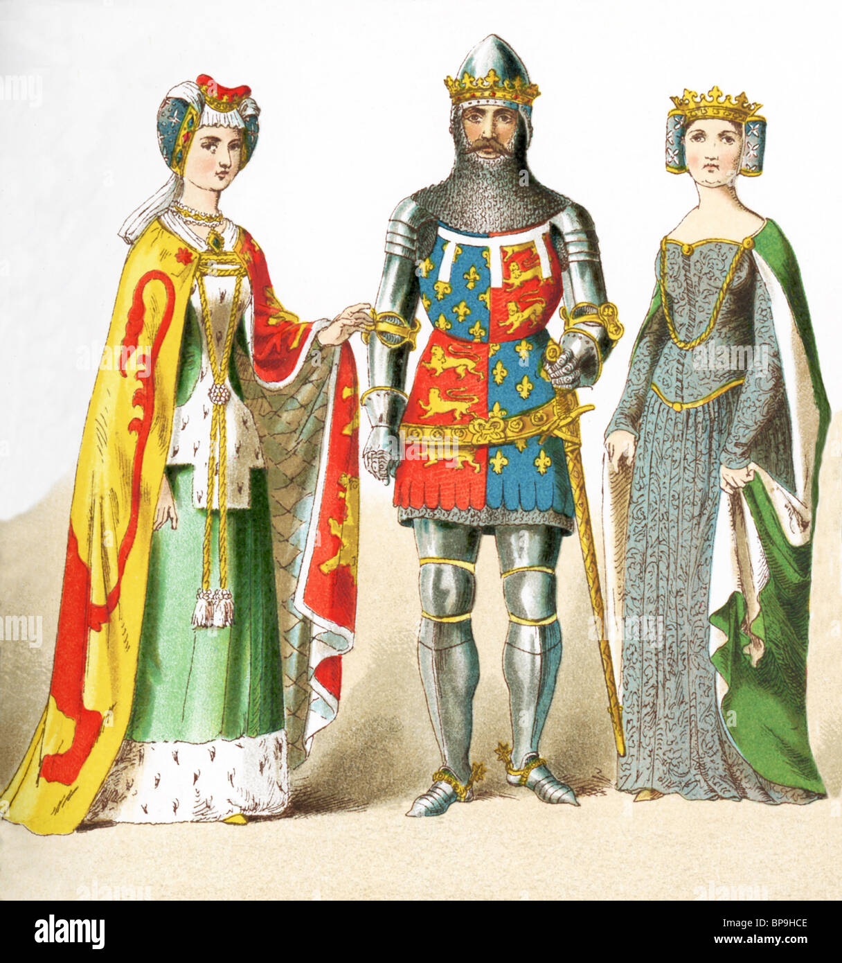 English people who lived between A.D. 1300 and 1400: a lady of rank, Edward the Black Prince, and Queen Philippa (1369). Stock Photo