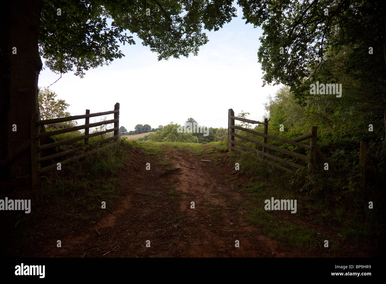 View through a field entrance in rural Worcestershire uk Stock Photo
