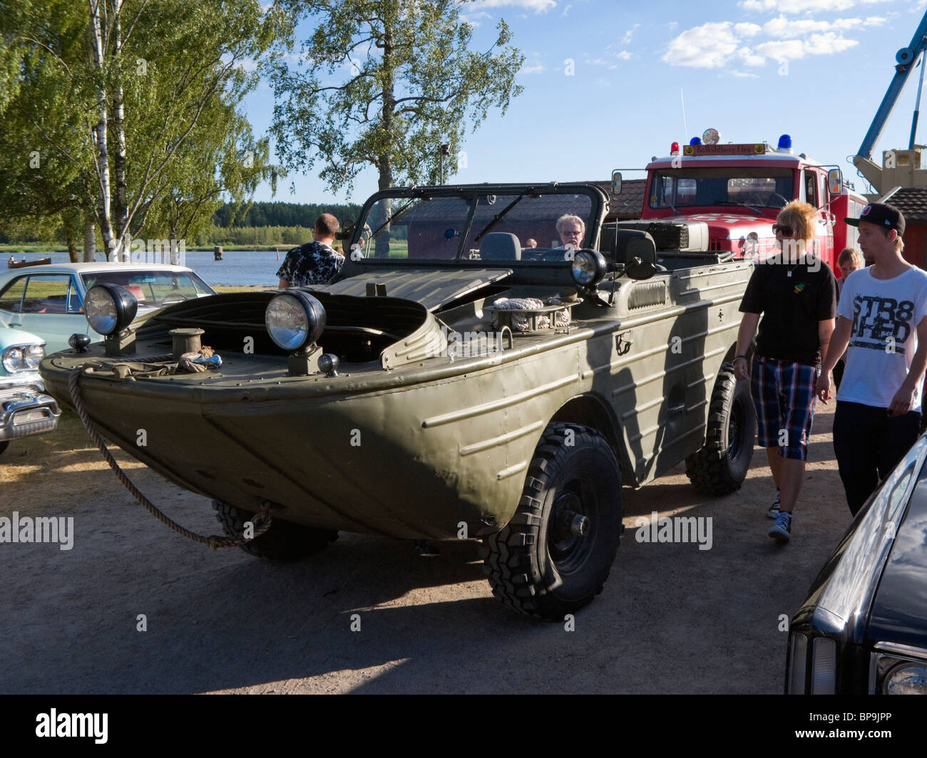 Amphibian vehicle, van run as a car or a boat. Stock Photo