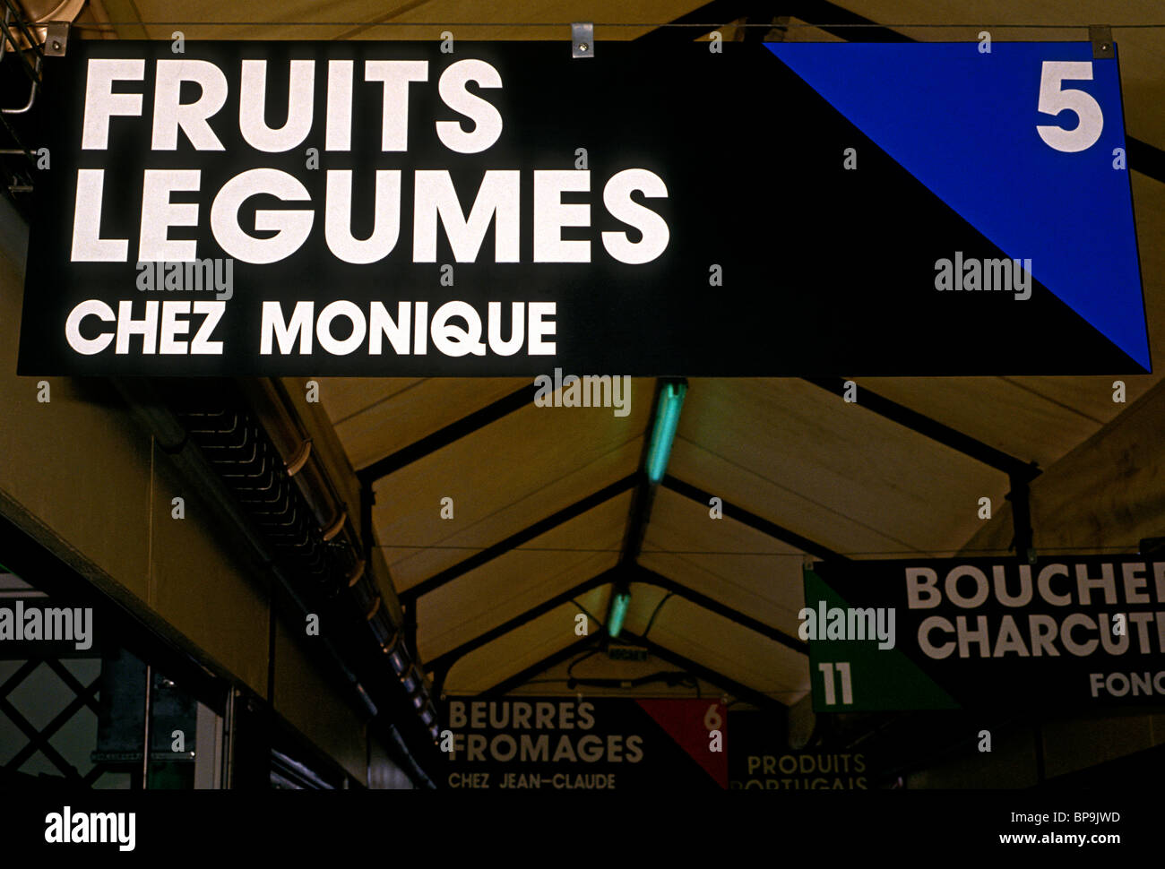 French language sign, Chez Monique, fruit and vegetable vendor, market, French Basque Country, city of Bayonne, Aquitaine, France, Europe Stock Photo
